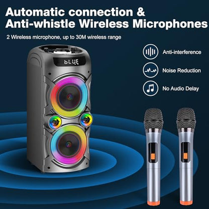 Karaoke Machine with 2 Wireless Microphones, Portable PA System Big Bluetooth Speaker with LED Lights, Remote Control Support Bass/Treble Adjustment, TF Card/USB, REC for Adult Kids Home Party