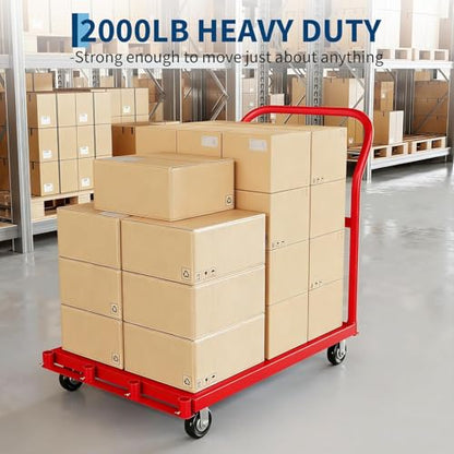 2000LBS Heavy Duty Folding Platform Truck - Side Handrails - 37x24 Inch All-Weather Flatbed Computer Tower Cart - 5" 360° Swivel Wheels - Easy Storage - Red - color: Red