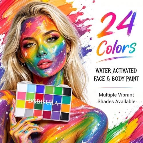 BOBISUKA 24 Colors Water Activated Face Body Paint Palette, Highly Pigmented Washable Face Painting Kit for Halloween Cosplay SFX Festival Party, Body Art Paints for Adults