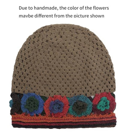 ZLYC Women Cotton Crochet Slouchy Beanie Hat Handmade Knit Summer Skull Cap | Lightweight breathable,boho casual chic look,travel photos festival party,café commute daily wear,beach concert gathering - color: Colorful Flower Tan