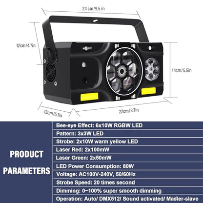 Telbum DJ Party Lights, 80W 6IN1 LED DJ Disco Light DMX & Remote Control, RGBW Bee-Eye Effect - Multi Patterns - Strobe Effect, Sound Activated Stage Light for Wedding Dance Gig Bar Rave