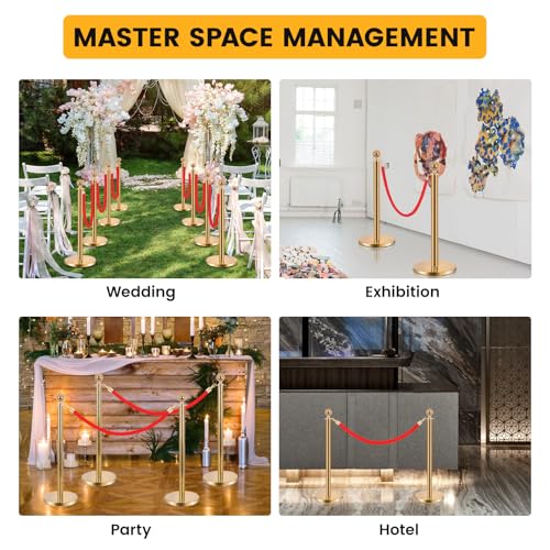 8-Pack Stainless Steel Stanchions and Velvet Ropes (6 Red 5ft), Sand-Filled Crowd Control Barriers for Weddings, Exhibitions, Events(Gold) - color: Gold, size: 8-Pack