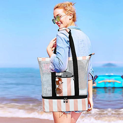 Bluboon Mesh Beach Tote Bag with Cooler Compartment Insulated Detachable Picnic Bag with Zipper and Pocket Pool Bag for Women - color: Pink