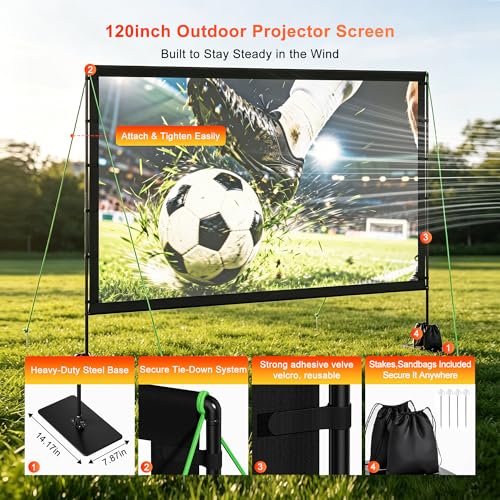 Projector Screen Outdoor with Stand, TWjouko 120 inch Portable Movie Screen with Carry Bag, Sandbag,16:9 Washable Cloth Screen for Backyard, Camping, Travel, Easy Setup, Big Projection Screen