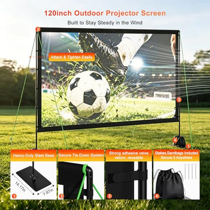 Projector Screen Outdoor with Stand, TWjouko 120 inch Portable Movie Screen with Carry Bag, Sandbag,16:9 Washable Cloth Screen for Backyard, Camping, Travel, Easy Setup, Big Projection Screen