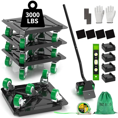 Heavy Duty Furniture Dolly 360 Rotate 5 Wheels 3000 Lbs Capacity 5.3x5.3 in | Furniture Movers with Green Wheels, Measure Tape & Leveler, Alloy Steel Furniture Lifter Tool for Smooth Home & Office Uses - color: Green, size: 5.3x5.3 IN