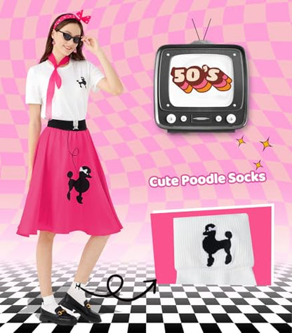 1950s Poodle Skirt Outfit Women 50s Sock Hop Costume T Shirt Accessories - color: Hot Pink, size: Large