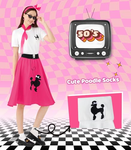 1950s Poodle Skirt Outfit Women 50s Sock Hop Costume T Shirt Accessories - color: Hot Pink, size: Medium