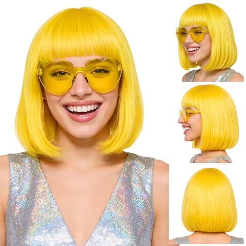 Short Bob Straight Hair Wigs with Bangs, Heat Resistant Fiber Hair, Heart-shaped Glasses for Women (Yelow) - color: Yelow