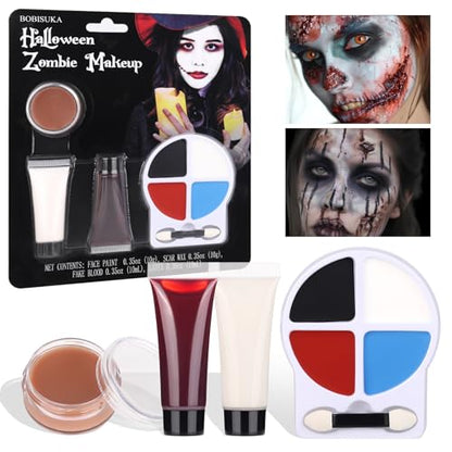 BOBISUKA Halloween Zombie Makeup Kit with 4 Colors Face Body Paint & Applicator, Fake Blood, Liquid Latex and Scar Wax SFX Makeup Set for Vampires Wounds Clown Cosplay Special Effects Makeup - color: Zombie Makeup