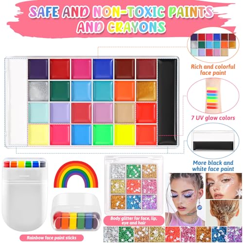 Professional Face Painting Kit, 26 Colors Oil Palette Face Paint with 6 Stencils, 41 Stencil Stickers, 10 Brushes, 9 Body Glitter, 2 Sheets Adhesive Gems, Rainbow Facepaint for Party & Halloween