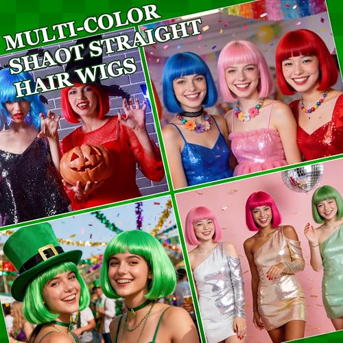 Short Bob Straight Hair Wigs with Bangs, Heat Resistant Fiber Hair, Heart-shaped Glasses for Women (Green) - color: Green