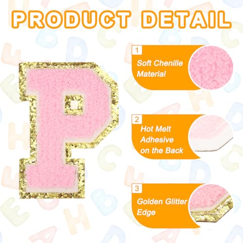 MECCANIXITY Chenille Letter Patches 3.1" Alphabet P Iron on Embroidered Patch Sew on Letter Stickers Applique for Repairing Clothing Jeans Shoes Hats DIY(Pink, Pack of 6) - style: Letter-P