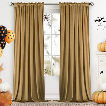 Yakamok Gold Brown Room Darkening Velvet Curtains 96 Inch Living Room | Luxury soft velvet, 2 panels 52x96 inch,bedroom study, window drapes rod pocket,light blocking,Thermal Insulated - color: Gold Brown, size: 52"W x 96"L (Pack of 2)