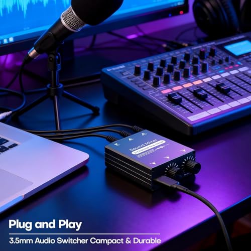 2 Channel Stereo Audio Mixer - 3.5mm Mini Mixers Audio with Dual Volume Control Knobs, Aluminum Shell, 2 in 1 Out Small Audio Switch for PC Headphone Speaker Monitor Projector Live Streaming