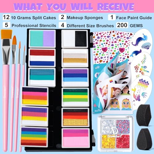 Drawdart Professional Face Painting Kit for Kids Adults, Rainbow Split Cake Face Paint Palette 12 x 10gm+ 4 Colors Pro Pressed Glitter Eyeshadow Palette, with Brushes Sponges Gems Stencils - color: Faerie