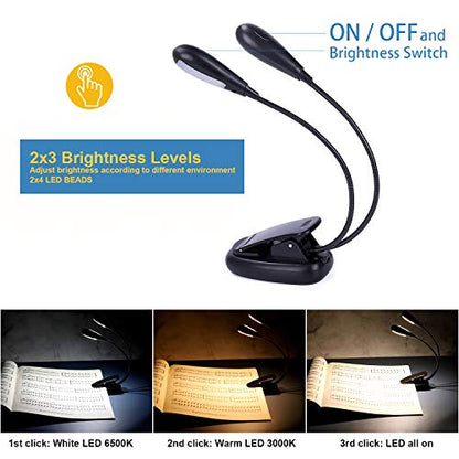 Rechargeable Music Stand Light, Clip on Reading Light, 8 LED Book Lamp, 3-Level Brightness for Eye Protection, Perfect for Piano, Orchestra, Bookworms, Craft (White & Warm, Dual Arm)