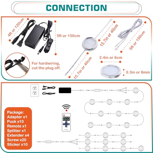 Under Bar Lighting, Workspace Accent Light Kit, 120V Cabinet LED Puck, Daisy Chained Linkable, Plug-in & Hardwiring, Wireless RF Remote Control Dimmable, White Cables, Daylight, 10 Lights - color: 10 Lights, Daylight