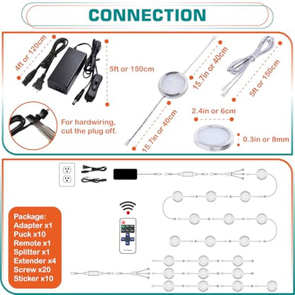 Under Bar Lighting, Workspace Accent Light Kit, 120V Cabinet LED Puck, Daisy Chained Linkable, Plug-in & Hardwiring, Wireless RF Remote Control Dimmable, White Cables, Daylight, 10 Lights - color: 10 Lights, Daylight
