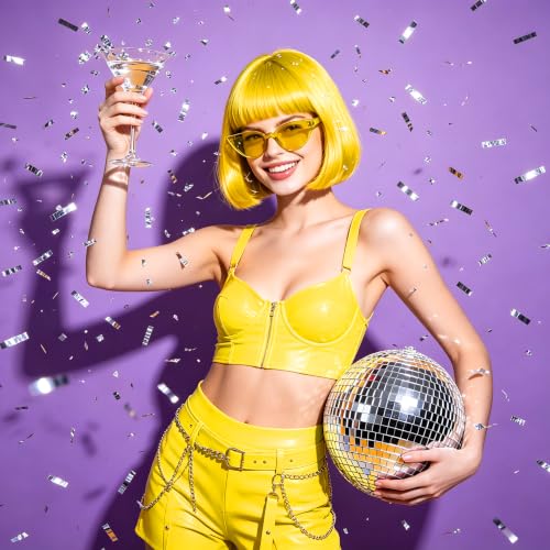 Short Bob Straight Hair Wigs with Bangs, Synthetic Fiber Colorful Hair, Cat Eye Glasses for Women (Yellow) - color: Yellow