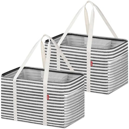 LHZK 2 Pack Utility Tote Bag with Metal Wire Frame and the Sides Rinforced, Large Tote Bag with Handle, Reusable Grocery Bags Foldable, Beach Bag, Car Tote, Black, 18.5''x11.8''x11.5'' - color: Black/White, size: 18.5''x11.8''x11.5''-2 Pack