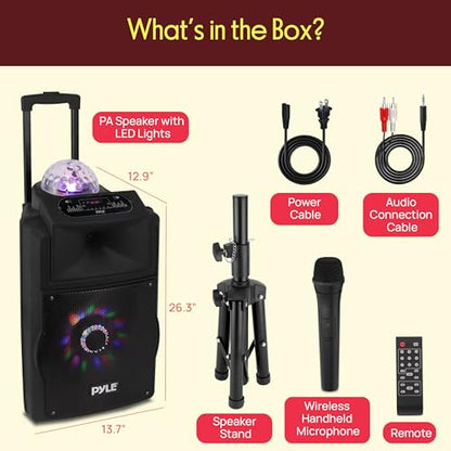 Wireless Portable PA Speaker System - 700 W Battery Powered Rechargeable Sound Speaker and Microphone Set with Bluetooth MP3 USB Micro SD FM Radio AUX 1/4" DJ Lights - for PA/Party - Pyle PSUFM1280B