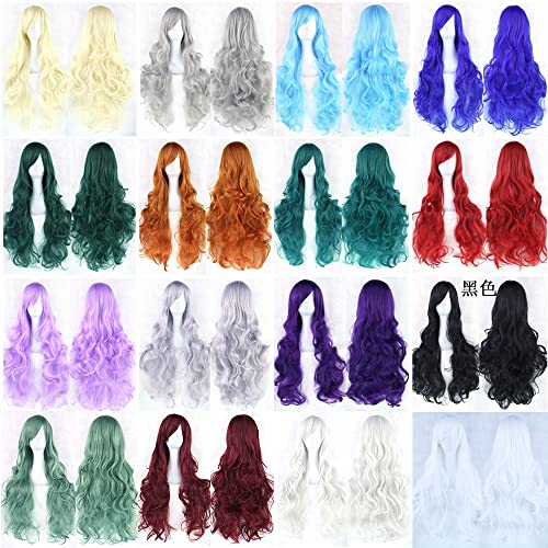 IMISSU 80cm Long Curly Natural Hair Cosplay Wig with Bangs Colorful Halloween Costume Party Wigs for Women (Blue) - color: Blue