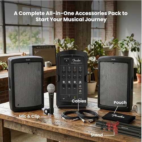 Fender Passport Conference S2 Portable PA System Bundle with Microphone Kit, Compact Speaker Stands, and Instrument Cable