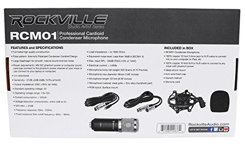 Rockville RCM01 Pro Studio Condenser Microphone, 200 Ohm, Cardioid Pattern, Metal Shock Mount, 30Hz-20kHz Frequency, XLR and 3.5mm Cables, for Vocals and Podcasting | 25mm Diaphragm, Cardioid, 48V Phantom Power, 30Hz-20kHz, 130dB SPL, 10 Ft XLR/3.5mm Cabl