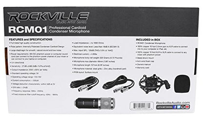 Rockville RCM01 Pro Studio Condenser Microphone, 200 Ohm, Cardioid Pattern, Metal Shock Mount, 30Hz-20kHz Frequency, XLR and 3.5mm Cables, for Vocals and Podcasting | 25mm Diaphragm, Cardioid, 48V Phantom Power, 30Hz-20kHz, 130dB SPL, 10 Ft XLR/3.5mm Cabl