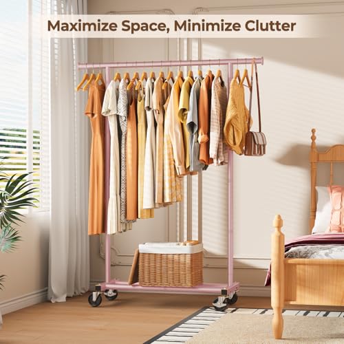 HYSEYY Clothes Rack, Clothing Rack for Hanging Clothes, Rolling Garment Rack Sturdy Coat Rack Portable Wardrobe Rack Metal Closet Rack for Bedroom Laundry Living Room, Pink - color: Pink