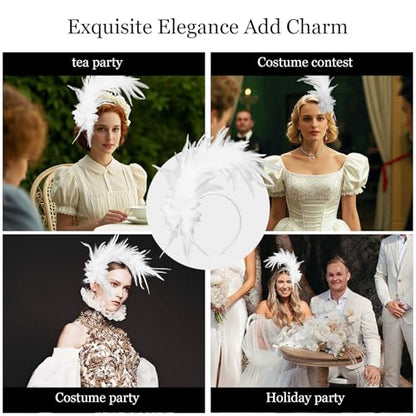 Loieryk Feathers Fascinator Headband 1920s Queen Headpiece Fascinators Hats for Women Tea Party Flower Headpiece - color: White