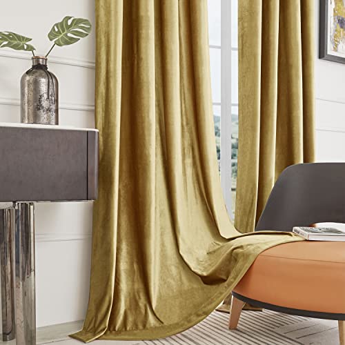 BULBUL Velvet Gold Curtains 108 inch Length- Living Room Blackout Thermal Window Drapes Darkening Decor Grommet Curtains for Bedroom Set of 2 Panels | Bedroom Room Decor,Luxury Elegant Modern,Thermal Insulation,Window Drapes,Darkening,UV rays,Privacy,Set