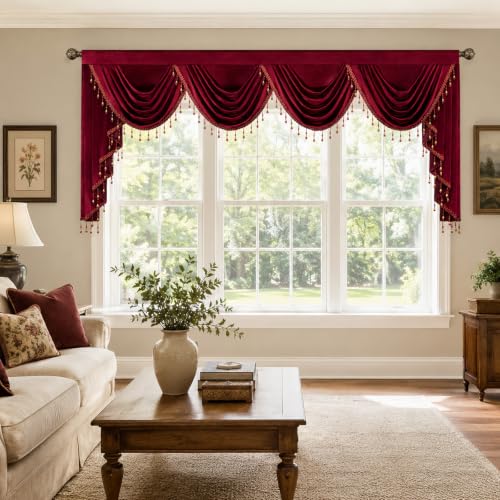 Extra Wide Burgundy Velvet Waterfall Valance, 110 x 43, 1 Panel | Soft Velvet Fabric, Beaded Tassel Trim, Creates Graceful Folds Layered look, Designed For Large Windows, Rod Pocket Top - color: Burgundy, size: 110"W x 43"L (Pack of 1)