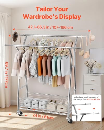 VEVOR Clothes Rack, Rolling Clothing Garment Rack, Extendable Carbon Steel Clothing Racks with Wheels for Bedroom, Laundry, Living Room - style: Modern