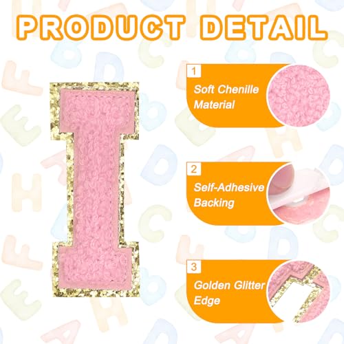 MECCANIXITY Chenille Letter Patches 2.2" Self Adhesive Alphabet I Stick on Embroidered Patch Sew on Letter Stickers Applique for Repairing Clothing Jeans Shoes Hats DIY(Pink, Pack of 6) - style: Letter-I