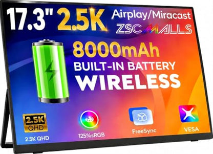 17.3" 2.5K Wireless Portable Monitor with Built‑in 8000mAh Battery 4H, AirPlay & Miracast, 2560x1400 IPS Matte HDR, 125% sRGB, 500 Nits, VESA, Auto Rotation for Phone/Tablet, USB‑C & Mini HDMI - size: 17.3