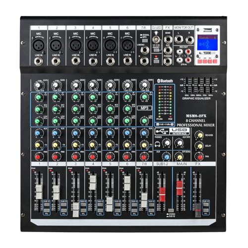 Dj Mixers 8 Channel Audio Mixer Sound Board with Bluetooth, Usb Audio Interface with 48V Phantom Power Sounds Mixer Board with FX Reverb Delay Effect for Streaming