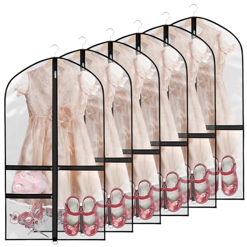 40 Inch Clear Garment Bags for Dance Costumes, 6 Pack, Black | Dance garment bags for Dancers, 3 Zipper Pocket, Foldable Garment Bags for Hanging Clothes, Competitions & Travel - color: Clear Black