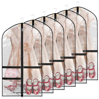 40 Inch Clear Garment Bags for Dance Costumes, 6 Pack, Black | Dance garment bags for Dancers, 3 Zipper Pocket, Foldable Garment Bags for Hanging Clothes, Competitions & Travel - color: Clear Black