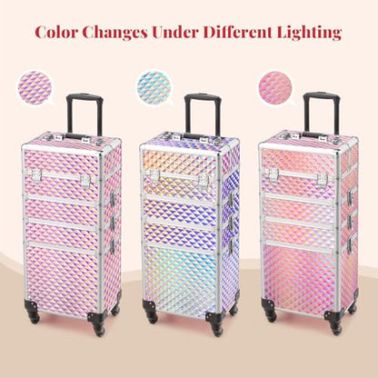 mefeir 4-in-1 Rolling Makeup Train Case Lift Handle,4 Removable Wheels Lockable Keys,Aluminum Cosmetic Trolley Beauty Stylist Artist Organizer Box,Ideal Xmas New Year Gift (Diamond Pink) - color: Diamond Pink