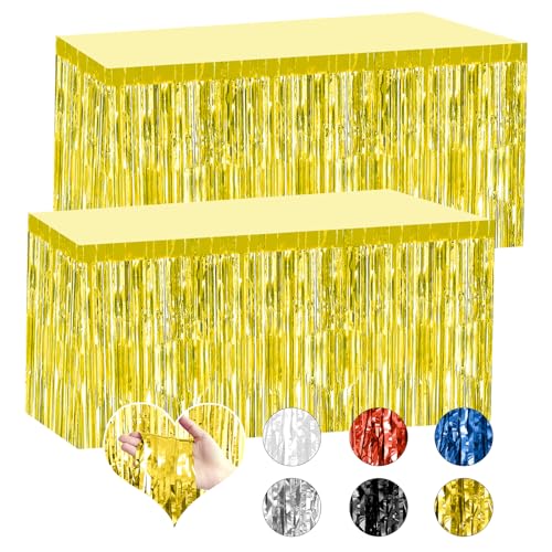 2 Pack 29.5x108 Inch Gold Foil Tinsel Fringe Table Skirts, Disposable Table Skirts for Rectangle Tables Curtains Backdrop Parade Wedding Floats Baby Shower Birthday Mardi Gras Party - color: Gold