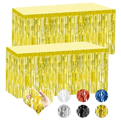 2 Pack 29.5x108 Inch Gold Foil Tinsel Fringe Table Skirts, Disposable Table Skirts for Rectangle Tables Curtains Backdrop Parade Wedding Floats Baby Shower Birthday Mardi Gras Party - color: Gold