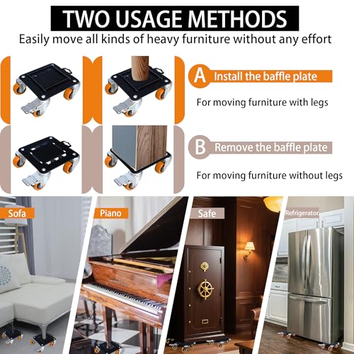 Carbon Steel Furniture Dolly, 3000 lb Capacity Heavy Duty Moving | Quiet floor-friendly Casters. Anti-rust durable Coating, Movers with Lifter, for moving pool table, safes, washing machines - color: Orange