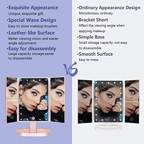 deweisn Trifold Lighted Vanity Makeup Mirror with 21 LED Lights,1x/2x/3x Magnification and Touch Screen Dimming,Two Power Supplies Makeup Mirror, Gift for Women - color: Pink