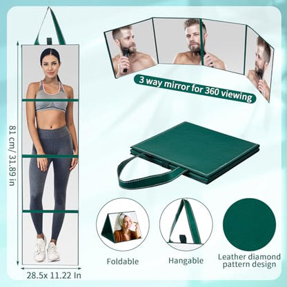 3 Way Foldable Full Body Mirror Portable Travel Fitness, Dark Green - color: Dark Green