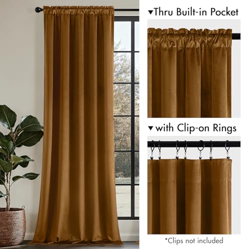 MIULEE Golden Brown Velvet Curtains 63 Inch Long 2 Panels, W40 x L63 | Luxury Super Soft, Thermal Insulated, Room Darkening Drapes, Rod Pocket Design, Window Curtains for Bedroom Living Room - color: Golden Brown, size: 40"W x 63"L (Pack of 2)
