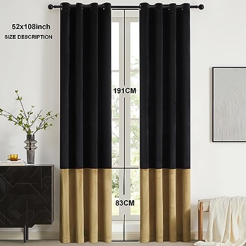 BULBUL Black Gold Color Block Window Curtains Panels 108 inches Long Velvet Farmhouse Drapes for Bedroom Living Room Darkening Treatment with Grommet Set of Black Gold | Living Room Bedroom Window Drapes,Modern Farmhouse,Room Darkening,Thermal Insulated,G