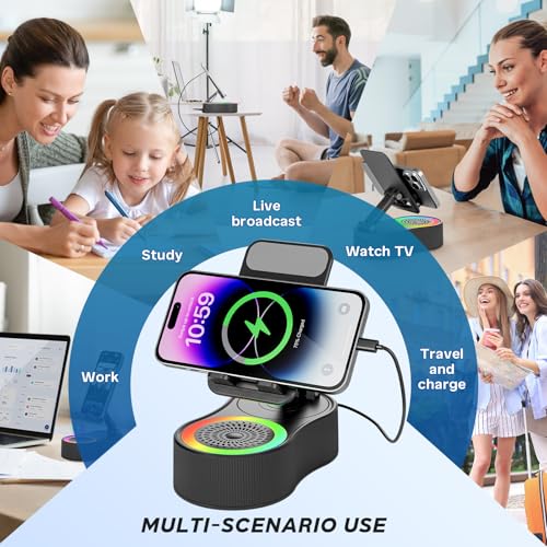 Cell Phone Stand with Bluetooth Speaker - Wireless Bluetooth Speaker with 360° Rotatable Phone Holder, Multifunctional Adjustable Stand with Charging Compatible with Tablet for Home Desk (Black) - color: Black