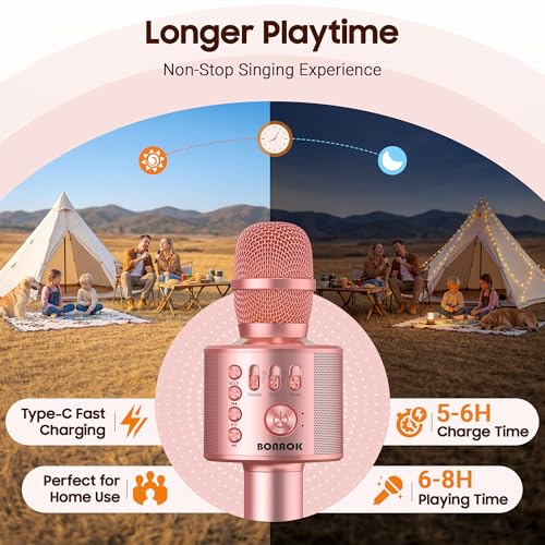 BONAOK Wireless Bluetooth Karaoke Microphone, 3-in-1 Portable Handheld Mic Speaker Machine with Built-in Non-Detachable Battery, for All Smartphones, Gifts to Girls, Boys Kids Adults All Age - color: Champagne